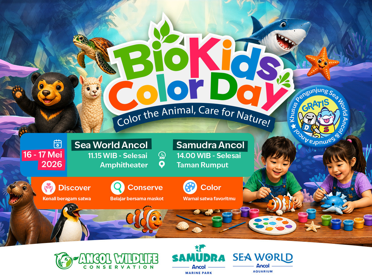 Sea World dan Samudra Ancol Gelar BioKids Color Day, Edukasi Satwa untuk Keluarga