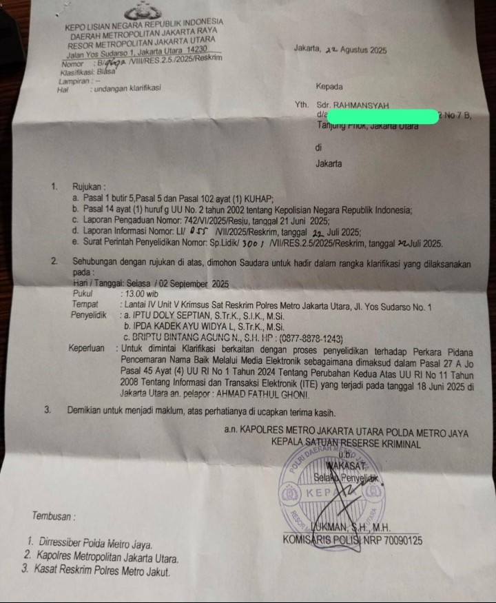 Polisi Periksa Saksi Kasus Dugaan Pencemaran Nama Baik Ahmad Fathul Ghoni